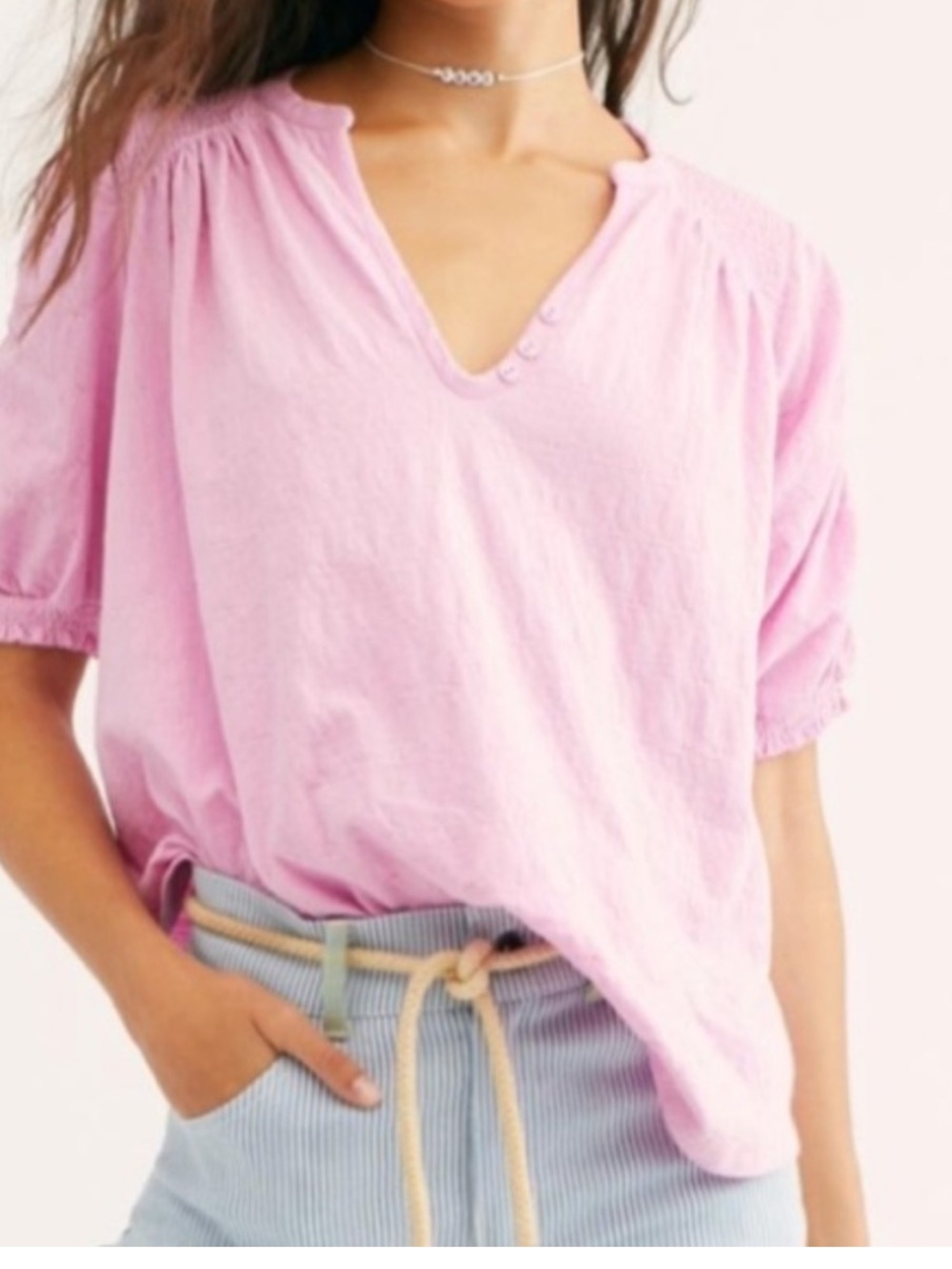 Free People Fever Dream Pink Oversized V-Neck Puff Sleeve V-Neck Tee - Picture 2 of 6